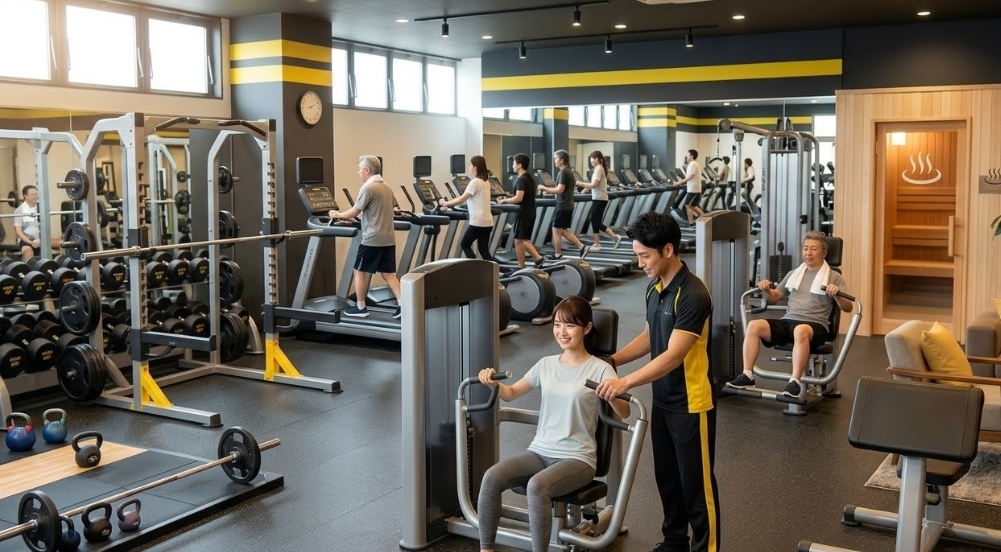 黄色と黒の配色が特徴的なゴールドジム風の現代的な商業ジムで、黄色いシャツを着た男性トレーナーが日本人女性のチェストプレスのフォームをサポートしている。左側にはウェイトラックとトレーニング中の人々、中央にはトレッドミルの列、右側にはサウナとラウンジエリアが見える。活気のある多様なトレーニング風景とサポート