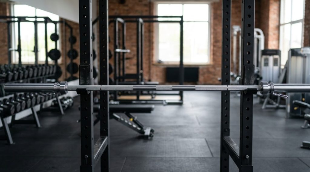 自然光が差し込む大きな窓とレンガの壁があるモダンで清潔なジムの内部。Foregroundには、ブラックのスチール製パワーラック(スクワットラック)のフックに水平に架けられたクローム仕上げのオリンピックバーベル(女性のベンチプレスで使用される20kgの標準バー)がある。バーベルのローレット加工された中央のシャフトがはっきりと見え、片側にシルバーのカラーが1つ付いている。ウェイトプレートは付いていない。背景には、重量プレートラック、他のラック、そしてさまざまなジム機器が並んでいる。セーフティバー(命綱)が正しく設定されていない状態に見える。ジムは空いている。