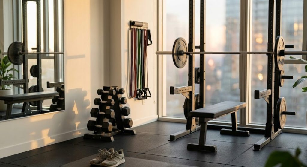 夕暮れ時の高層マンション内にあるモダンなプライベートホームジムの洗練されたコーナー。バーベル付きの木製パワーラック、フラットベンチ、フルダンベルラック、壁掛けのカラフルなレジスタンスバンド、都市の街並みを望む大きな床から天井までの窓、そして大きな鏡が設置されている。床にはヨガマットとトレーニングシューズ、大きな鉢植えがある。
