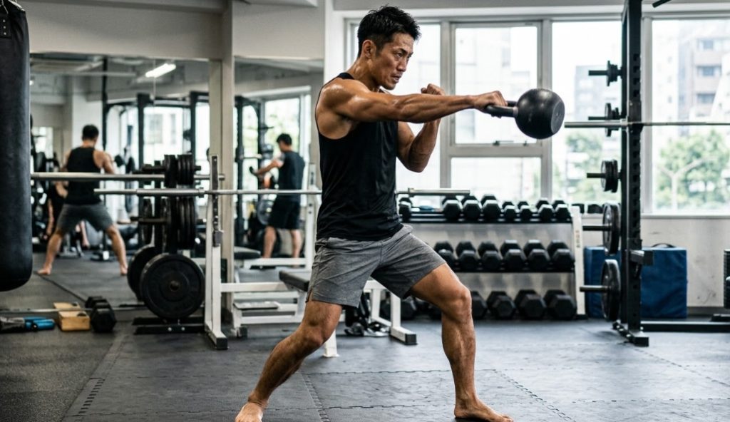 明るく設備の整った現代的なジムで、筋肉質な男性が黒いタンクトップとグレーのショーツを着用し、裸足でケトルベルを使った爆発的なトレーニングを行っている。彼は右手でケトルベルを持ち、格闘技の構えから前方に突き出すパンチのような動作で、全身の力を表現している。左手はガードの位置。彼は汗をかき、集中した表情をしている。背景には、大きなサンドバッグ、鏡、ダンベルラック、パワーラック、そして外の都市景観が見える大きな窓がある。床は黒いマット。