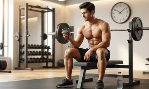 モダンなジムで、ベンチプレスに座り、デジタルストップウォッチ（3:00表示）を持ってカームに休憩している筋肉質の男性。筋トレでレストを長く取ることによる回復と集中を表現している。