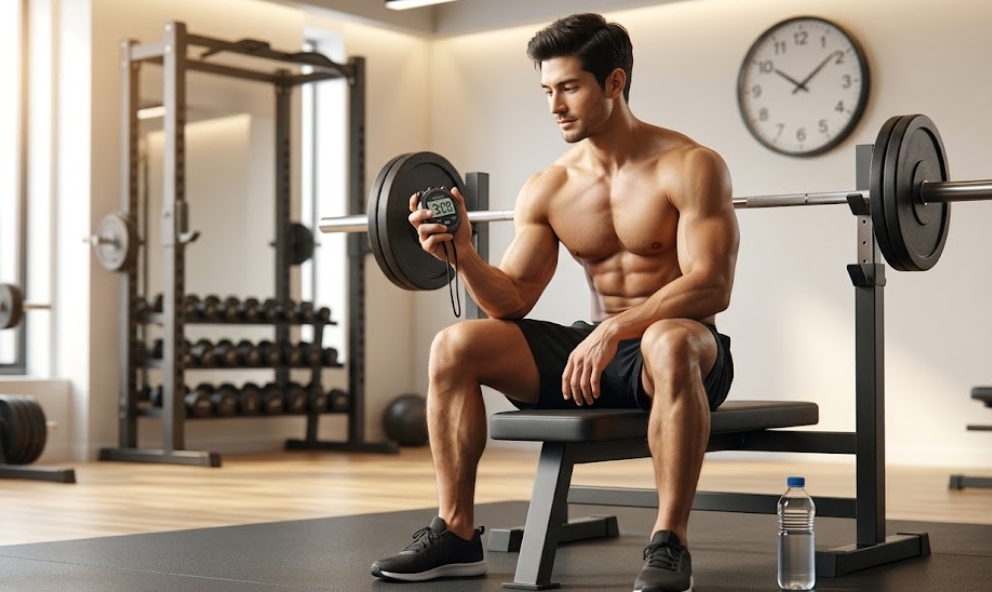 モダンなジムで、ベンチプレスに座り、デジタルストップウォッチ（3:00表示）を持ってカームに休憩している筋肉質の男性。筋トレでレストを長く取ることによる回復と集中を表現している。