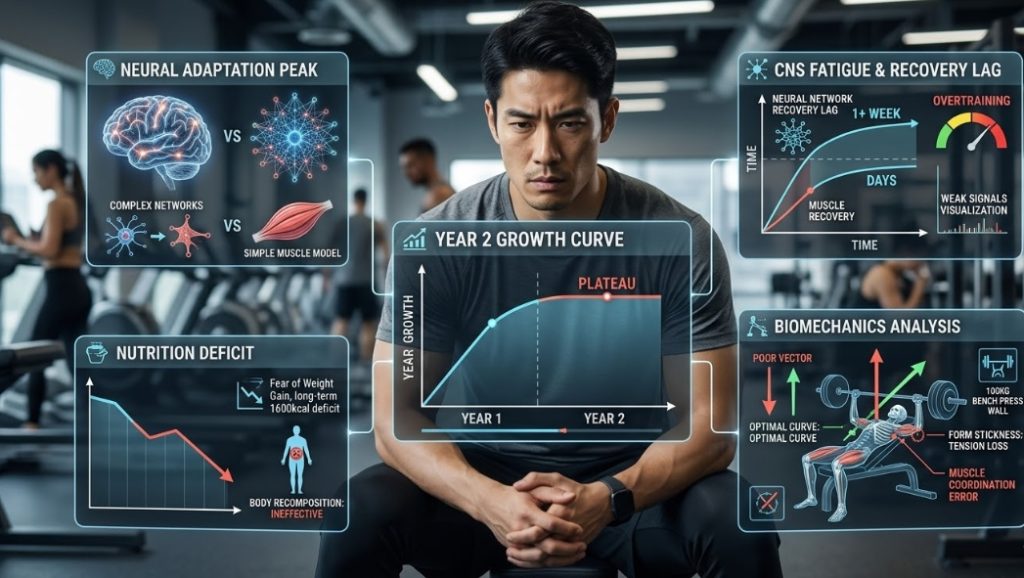 ジムで日本人フィットネス・エンジニアが、浮遊する診断表示に囲まれ、筋トレ2年目の伸び悩みの原因である「神経系の適応のピーク」「中枢神経系の疲労と回復の遅れ」「栄養不足（体重増加への恐怖によるカロリー不足）」「バイオメカニクス分析（ベンチプレス100kgの壁、連動ミス）」などを分析する画像。