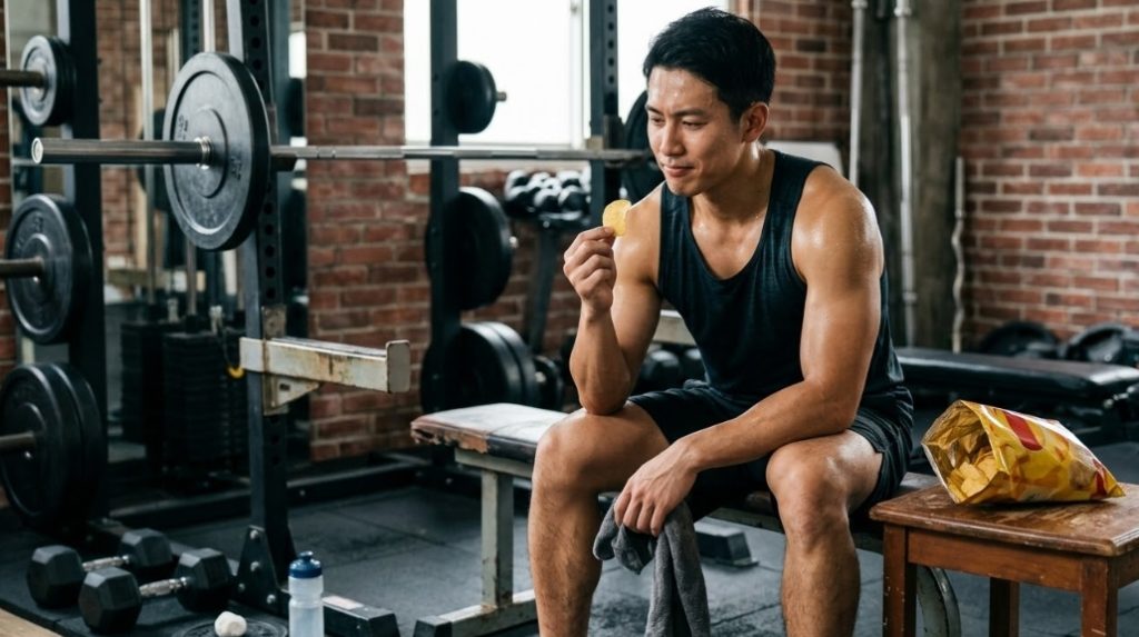 レンガ壁のジムで、パワーラックの前にあるベンチに座った筋肉質の男性が、開封された袋の隣でポテトチップスを1枚食べている