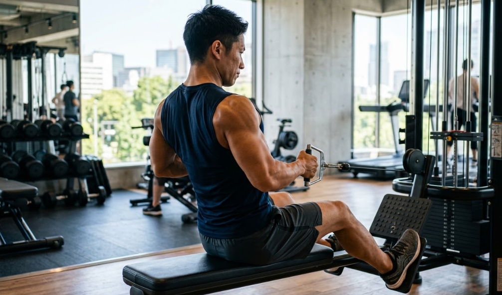 大きな窓から都市のパノラマが見える明るい現代的なジムで、筋肉質な短髪のアジア人男性が、黒いタンクトップとショーツを着用し、シーテッドケーブルローイングを行う。男性はハンドルを体に向かって引っ張っており、背筋が定義されている。背景には、トレッドミルを使用する他のジム利用者や機器がぼやけて写っている。