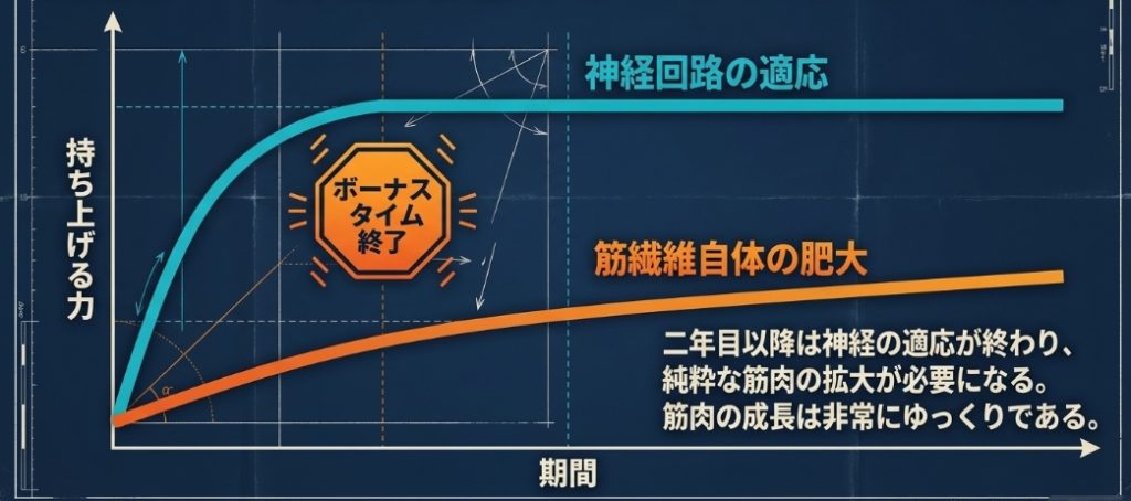 筋トレ初期の神経回路の適応と2年目以降の筋繊維肥大への移行を示すグラフ