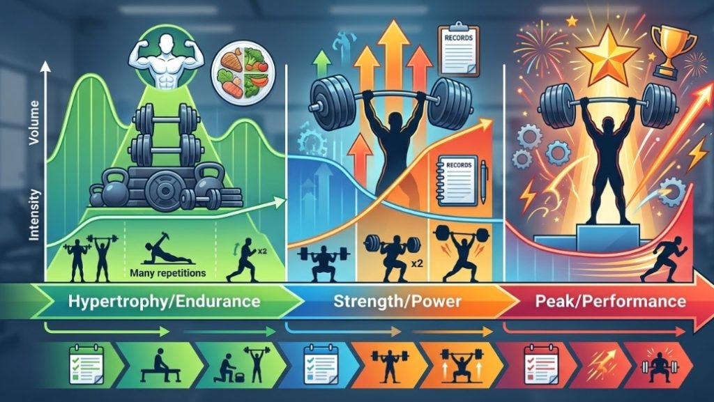 筋力トレーニングのピリオダイゼーションを3つの主要フェーズで図解するモダンなインフォグラフィック。左からHypertrophy/Endurance（緑、ボリューム高、強度低）、Strength/Power（青、ボリューム中～高、強度中～高）、Peak/Performance（赤、ボリューム低、強度最高）。各フェーズには進行を示すグラフ、筋肉開発や挙上のアイコン、記録簿、MESOCYCLEのタイムライン、そして特定の運動やレップ数を示すシルエットイラストが含まれる。