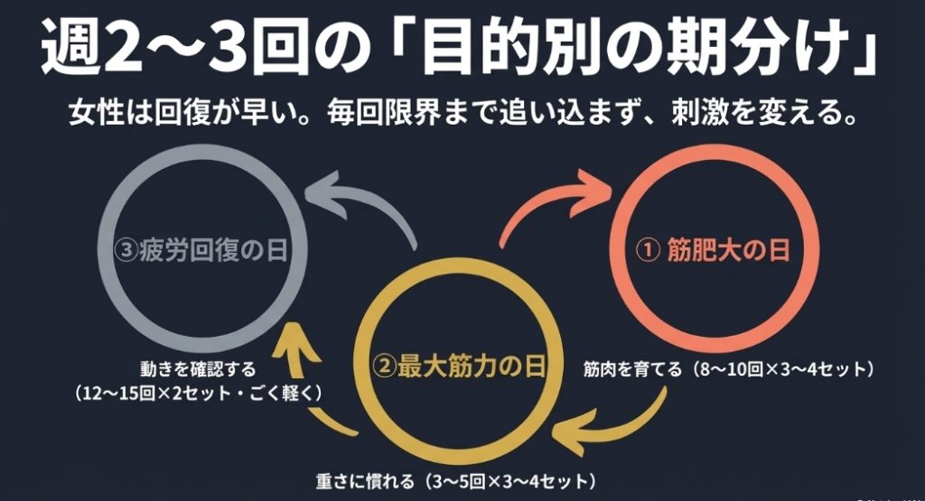 女性は回復が早いため週2〜3回、筋肥大の日、最大筋力の日、疲労回復の日と目的を分けてトレーニングする。