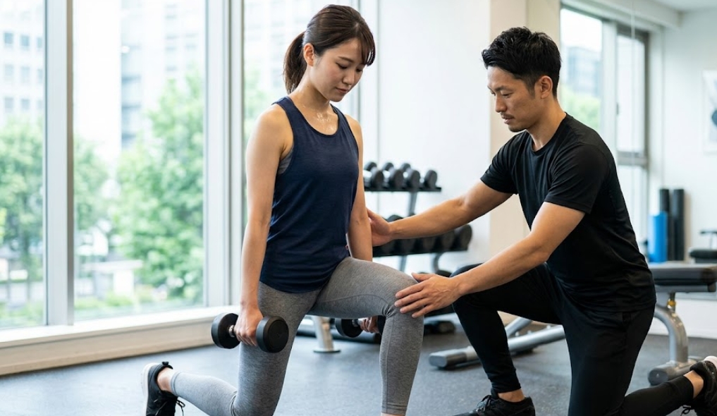 明るいパーソナルトレーニングスタジオで、日本人女性トレーニーがダンベルを持ってランジ(lunge)を行う。日本人男性パーソナルトレーナーが、彼女の膝のアライメントと安定性を確保するために手を添えてハンズオンでフォーム指導をしている。大きな窓からは都市の街並みが見える。