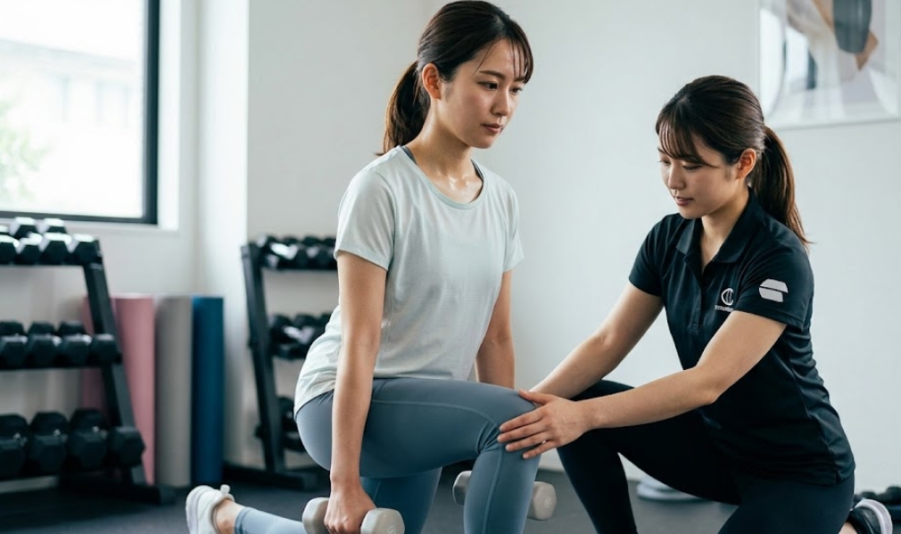 プロのパーソナルトレーナーが、ランジ(weighted lunge)を行う女性研修生の膝の正しいアライメントを直接的な手の配置で指導する、ハンズオンの瞬間。研修生は dumbbell を持ち、集中して正しいフォームを学んでいる。モダンなジムの背景に柔らかいボケがあり、サポートと集中した雰囲気を示している。