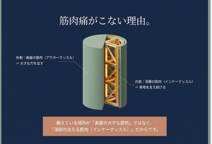 アウターマッスルではなく、骨格を支え続ける深層のインナーマッスルを鍛えているため筋肉痛がこないことを解説した図解