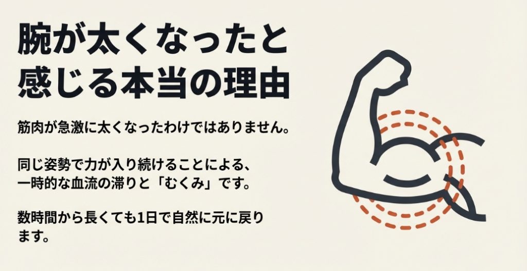 力こぶのイラスト。プランクで腕が太くなったと感じるのは、同じ姿勢で力が入り続けることによる一時的な血流の滞りと「むくみ」が原因であり、数時間から1日で自然に元に戻る 。