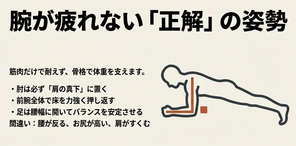 腕が疲れない正しいプランクの姿勢。筋肉だけで耐えず骨格で体重を支えるため、肘は肩の真下に置き、前腕全体で床を押し返し、足は腰幅に開いてバランスを安定させる 。