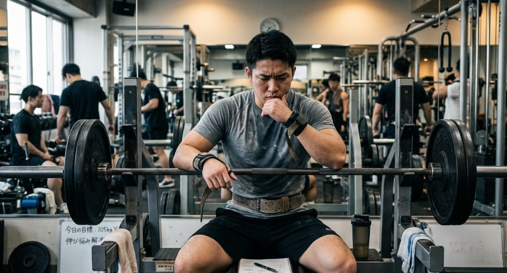 混雑したジムで、バーベルを前にベンチに座り、顎に手を当てて深く考え込む日本人男性。トレーニングベルトとリストラップを着用しており、膝の上にはノートとペンが置かれている。背景には他の利用客やトレーニング器具が映っている。