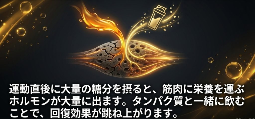 運動直後に糖分を摂ることでインスリンが分泌され、筋肉に栄養を押し込み超回復を促すことを解説したスライド