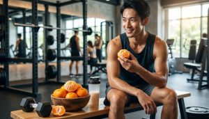 筋トレ後、汗をかいた男性がジムのベンチに座り、笑顔でみかんを手に持っている。ベンチにはみかんのボウルとプロテインシェーカーがある。