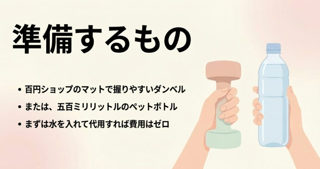 準備するものとして100均のダンベル、または水を入れた500mlのペットボトル