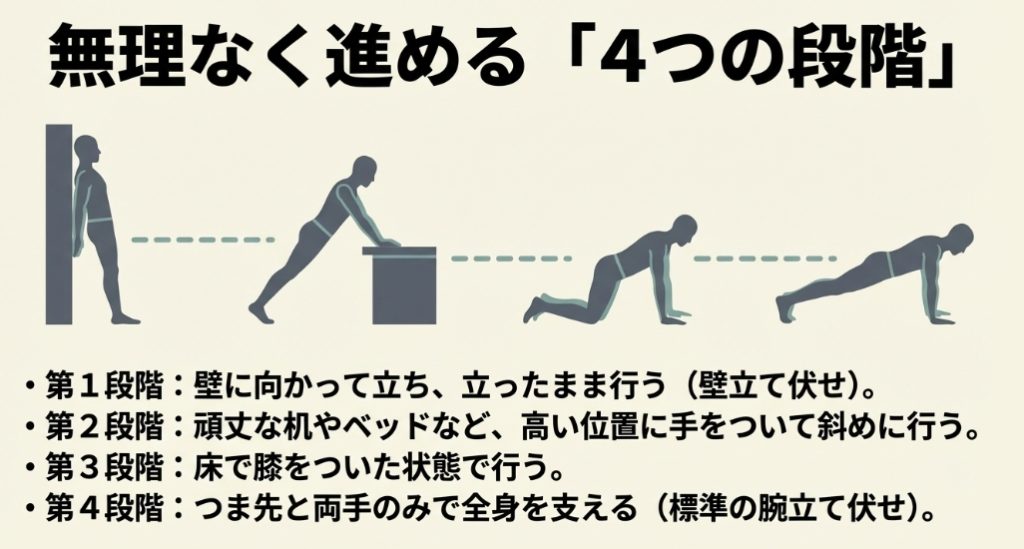 壁立て伏せ、インクライン、膝つき、標準の腕立て伏せへと無理なく進める4つの段階