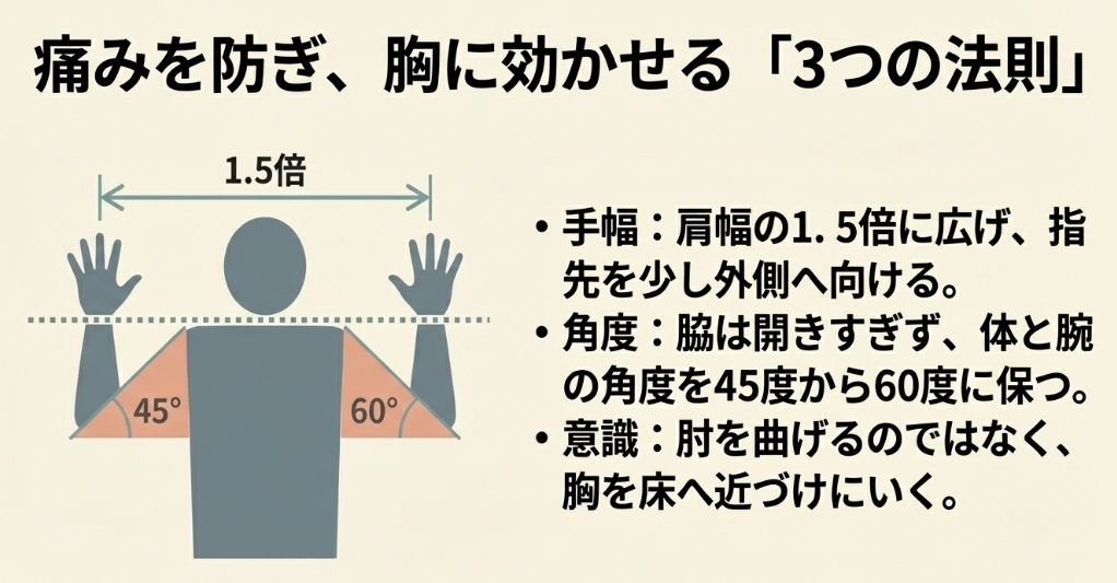 手幅1.5倍、脇の角度45度〜60度など、大胸筋に効かせる腕立て伏せの3つの法則