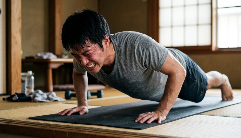 畳の敷かれた和室で、ヨガマットの上で苦悶の表情を浮かべて腕立て伏せをする灰色の中Tシャツ姿の若い日本人男性。汗をかき、歯を食いしばりながら体を持ち上げようと限界まで頑張っている様子。
