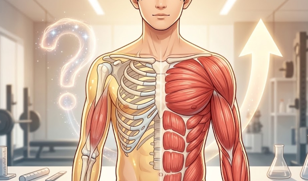 体脂肪率10%の日本人男性の胴体の概念図。片側は脂肪が極めて薄く、その下の筋肉も薄いため、骨格が浮き出ている（ガリガリ）。もう片側は、脂肪は同じように薄いが、下の筋肉が厚く発達しており（細マッチョ）、逞しさの違いが筋肉量にあることを視覚的に示している。