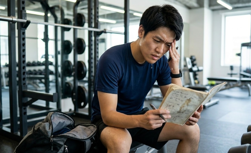 紙の筋トレ記録が続かない本当の理由(面倒・汚れる・紛失のリスク)。汗を拭いながらボロボロで湿ったトレーニングノートに書き込もうと困惑する日本人男性のクローズアップ。