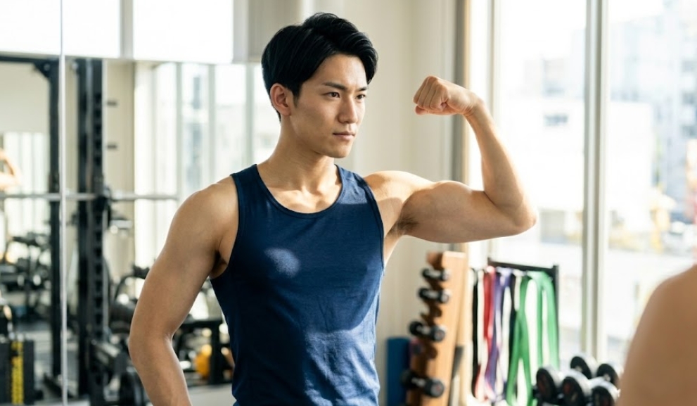 清潔で陽光が差し込むアパートのジムで、鍛えられた「細マッチョ」な体型の若い日本人男性が、紺色のタンクトップ姿で力強くダブルバイセップスポーズを決めている。彼は大きな壁鏡の反射を見つめ、決意と誇りに満ちた表情をしており、窓からの光が彼の腕と胸の筋肉の定義を際立たせている。背景には、ダンベル、レジスタンスバンド、木製のウェイトラック、そして窓越しの都市の景色が柔らかくぼやけて写っている。