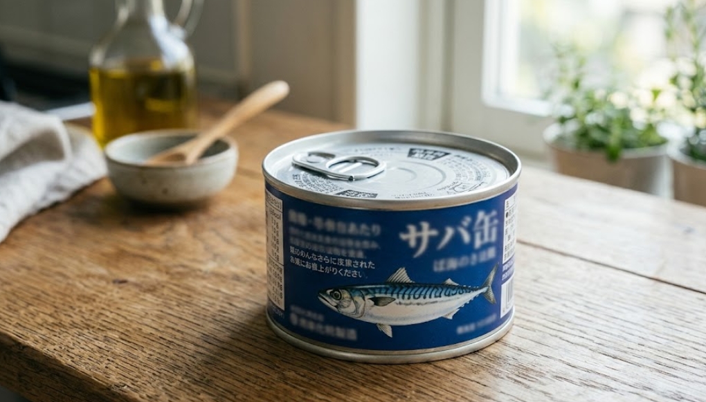 木目のカウンターに置かれた、青いラベルの「ほぐしあまから」サバ缶。プルタブ付き。ぼやけたキッチン背景には、オリーブオイル、ボウル、鉢植えのハーブが自然光の中に並んでいる。
