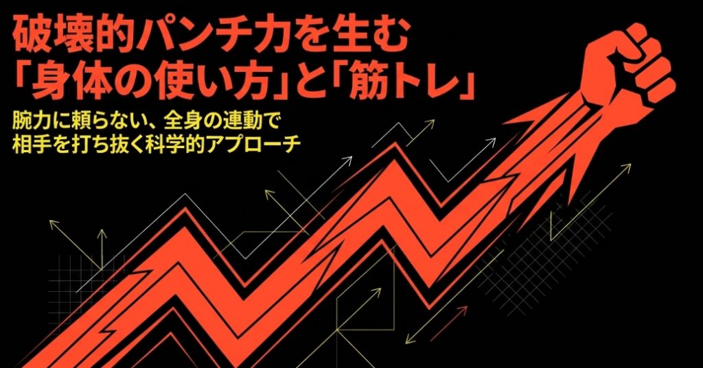 腕力に頼らない、全身の連動で相手を打ち抜く科学的アプローチを示すスライド資料の表紙画像。