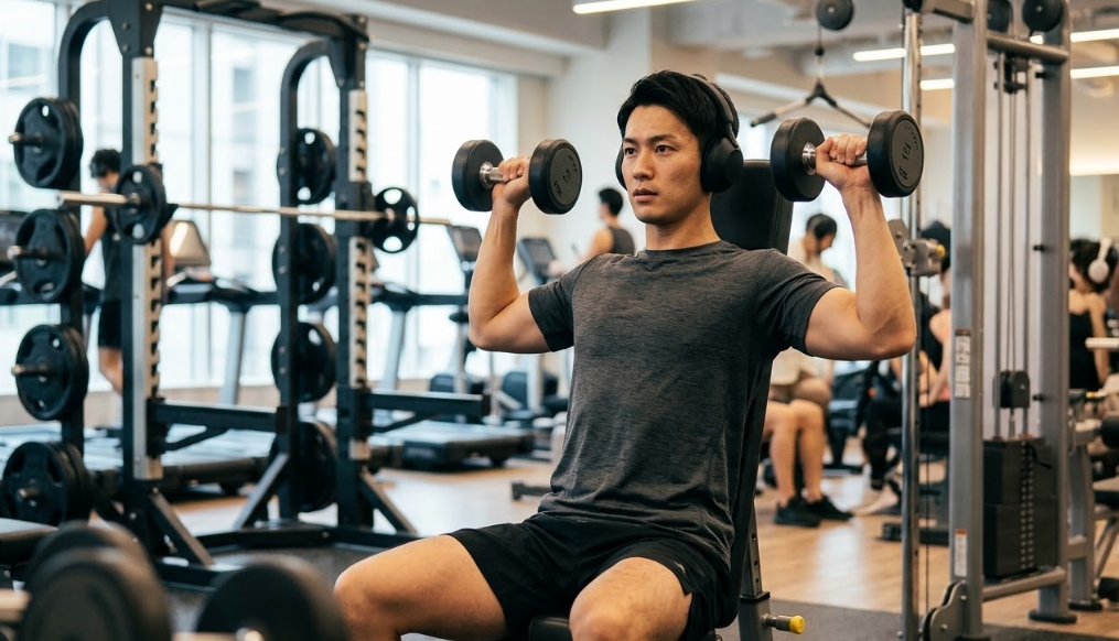 フィットネスジムでベンチに座り、2つのブラックダンベルを使ってシーテッド・ダンベル・ショルダープレスを実践している、若い男性トレーニーの様子。彼は集中した表情でダンベルを肩から上へ上げている。背景には、大きな窓から差し込む自然光の中で、パワーラックやケーブルマシンなどの筋トレ器具や、他のトレーニング中の人々がぼかされて写っている。