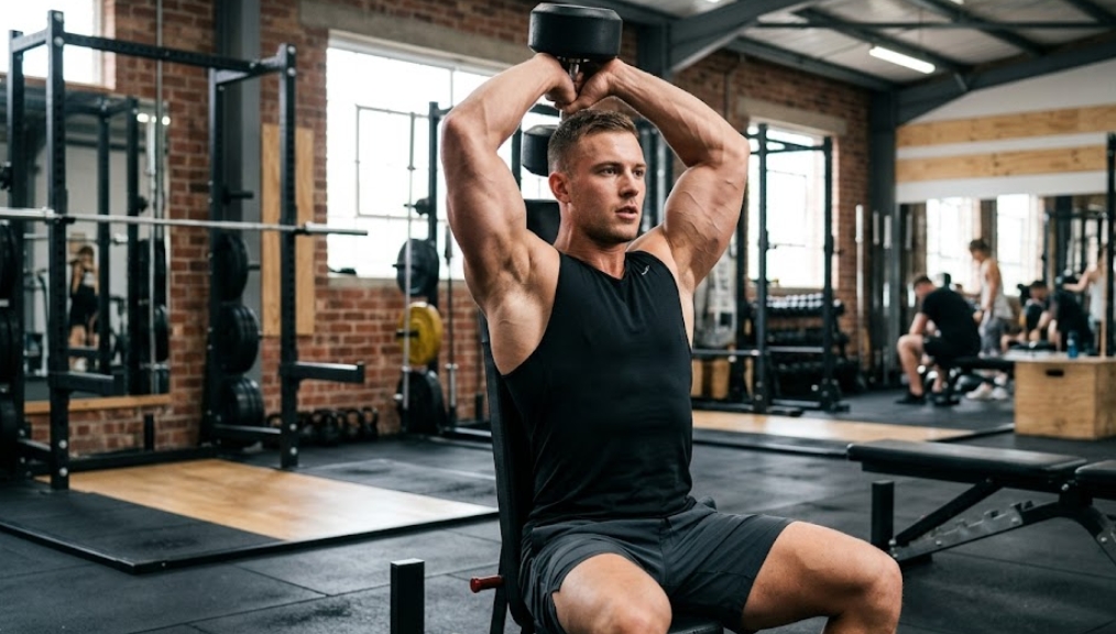 インダストリアルなジムにて、筋肉質の男性が黒いベンチに座り、両手で重いダンベルを頭の後ろに上げ下げするシーテッド・オーバーヘッド・ダンベル・トライセプス・エクステンション（フレンチプレス）を行っている。彼は黒いタンクトップとグレーのショーツを着用し、集中した表情。背景にはレンガ壁、窓、重量ラック、他のジム利用者がぼやけて見え、コンクリートの床が広がっている。
