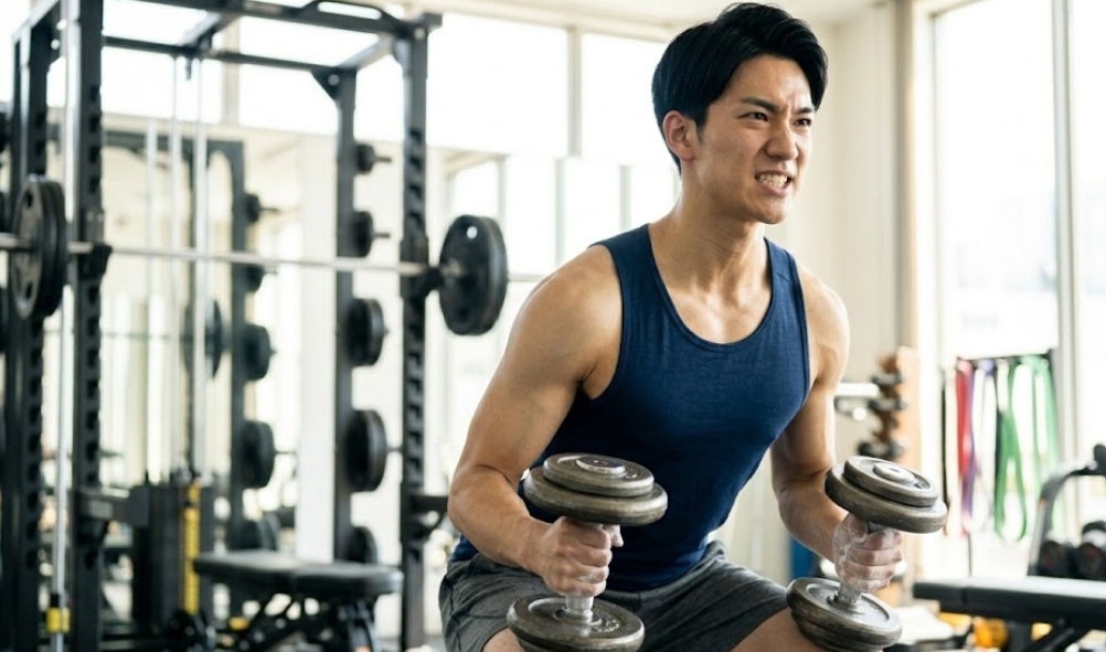 明るいジムで、ネイビーのタンクトップを着た若い日本人男性が、激しい表情で重いダンベルを持ってスクワットを行っている。筋肉が緊張しており、身体的な努力が伝わってくる。