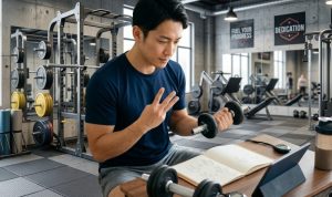 ジムのデスクに座っている日本人男性。彼はネイビーのTシャツとグレーのショーツを着ており、片手にダンベルを、もう片方の手で3本指を立てている。彼はデスク上のオープンなトレーニングノートとタブレットを集中して見ている。デスクには別のダンベル、ストップウォッチ、プロテインシェイカーがある。背景はよく設備されたジムで、パワーラック、重りプレート、他のマシン、ポスターが見える。