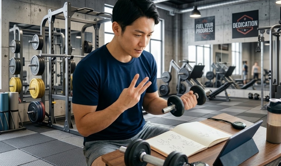 ジムのデスクに座っている日本人男性。彼はネイビーのTシャツとグレーのショーツを着ており、片手にダンベルを、もう片方の手で3本指を立てている。彼はデスク上のオープンなトレーニングノートとタブレットを集中して見ている。デスクには別のダンベル、ストップウォッチ、プロテインシェイカーがある。背景はよく設備されたジムで、パワーラック、重りプレート、他のマシン、ポスターが見える。