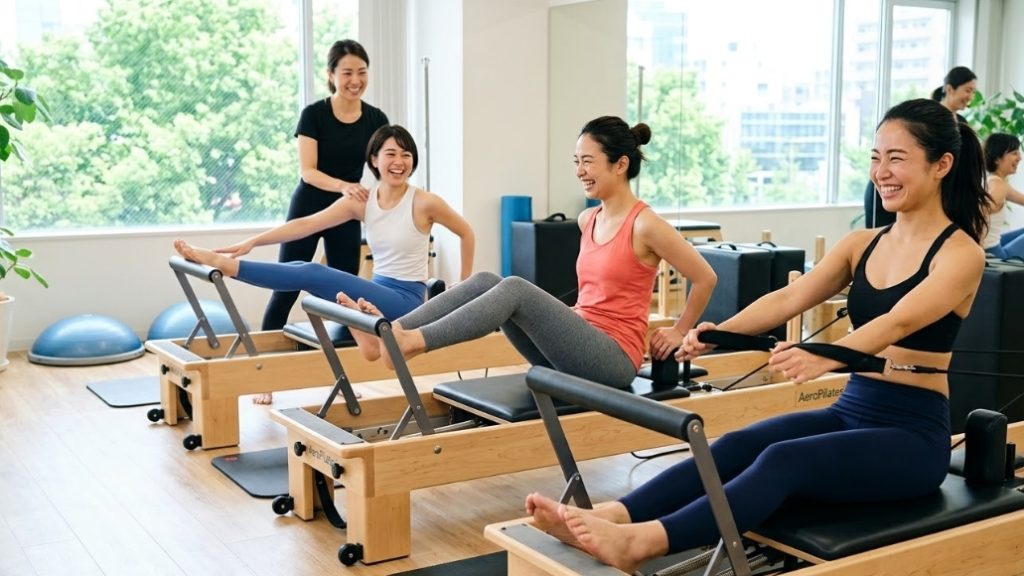 明るいピラティススタジオで、笑顔でピラティスリフォーマー（専用マシン）を使ったグループレッスンに励む健康的な日本人女性のグループ。インストラクターのサポートを受けながら、全員が熱心に、かつ楽しそうにトレーニングをしている。窓の外には緑が見える。