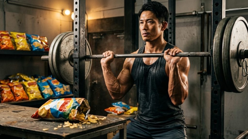 ジムで、タンクトップとショートパンツを着用し、汗を流しながらパワーラックで重いバーベルをリフトする筋肉質の日本人男性のクローズアップ写真。彼のすぐ隣の作業台の上には、開封された1袋のポテトチップスがあり、その周りにチップスが散乱している。背景の棚や床には、色とりどりの様々なポテトチップスの袋が積み上げられており、ドラマチックで暖かみのある照明に照らされている。男性の表情は真剣で、意志の強さと葛藤が感じられる