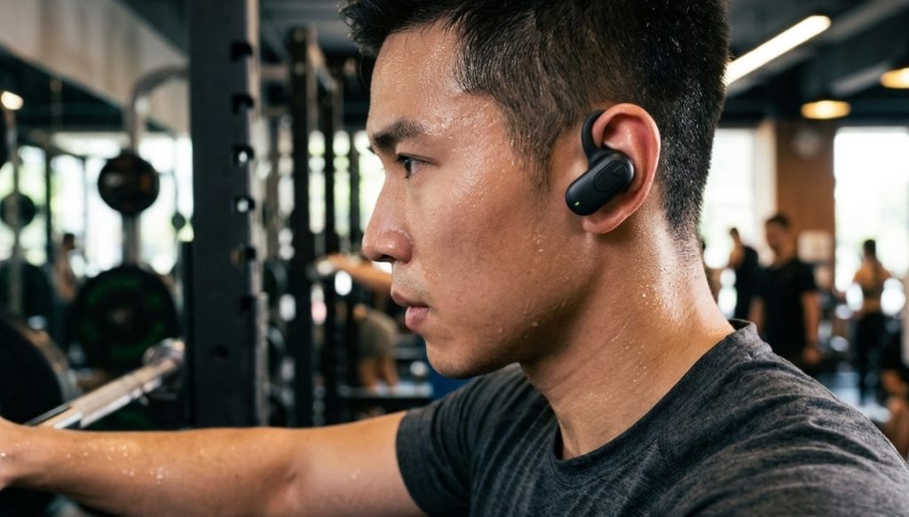 ジムでトレーニング中の、汗をかいた東アジア人男性の横顔。彼の左耳には、目立たない耳掛けフックが付いたマットブラックのスポーツ用完全ワイヤレスイヤホンがしっかりと装着されている。男性の横顔には汗が光り、背景にはジムの器具や他のトレーニング中の人々がぼかして写っている。光沢のないイヤホンは安定した装着感に見える。