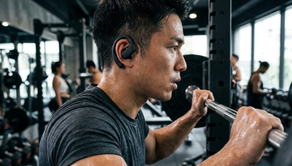 短髪で汗をかいた男性がグレーのTシャツを着て、ジムでバーベルを握りながら集中している。彼の左耳には、耳掛け型の黒いワイヤレススポーツイヤホンが装着されている。背景には、ジムの器具や他の人々がぼやけて写っている。