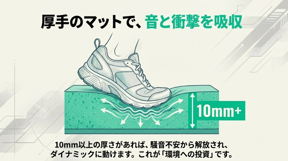 10mm以上の厚手マットが着地時の音と衝撃を吸収する仕組みを解説するイラスト