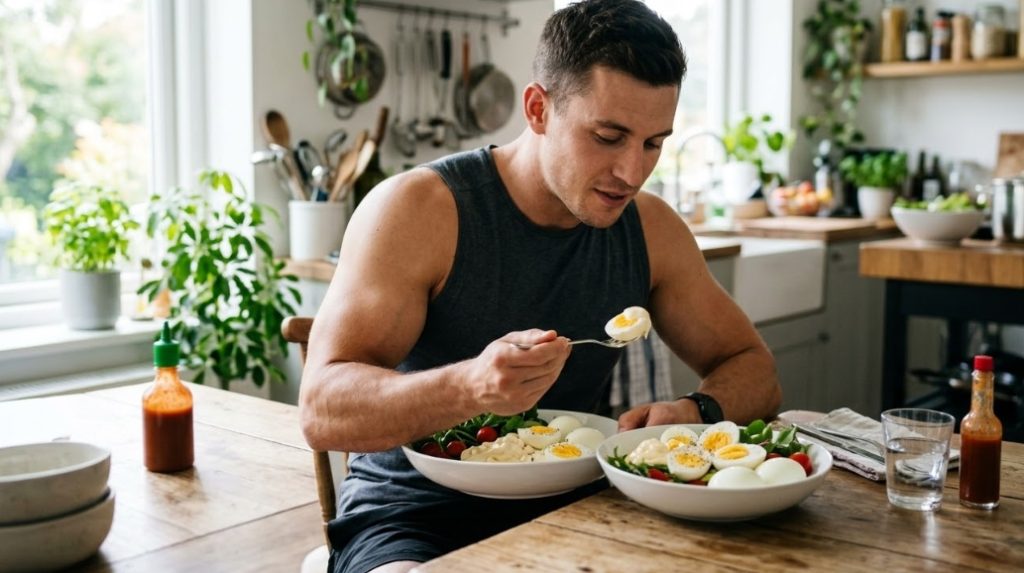 筋肉質の男性トレーニーが、明るいキッチンでタンクトップ姿で、大量のゆで卵とマヨネーズがたっぷりかかったサラダをフォークで食べている様子。健康的で集中した表情。背景には観葉植物や調理器具が見える。文字なし。