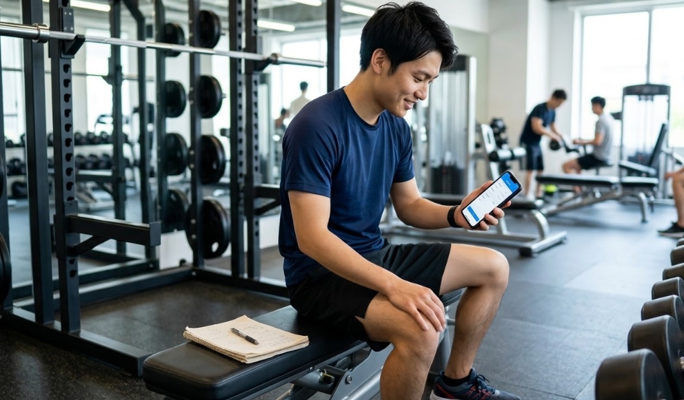 ジムでベンチに座り、スマートフォンでトレーニング記録を入力する日本人男性。脇には古いノートとペンが置かれており、紙からデジタルへの移行を表現している。