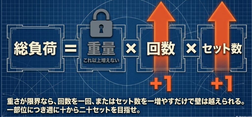 総負荷量（ボリューム）は重量×回数×セット数の掛け算で決まることを示す図解