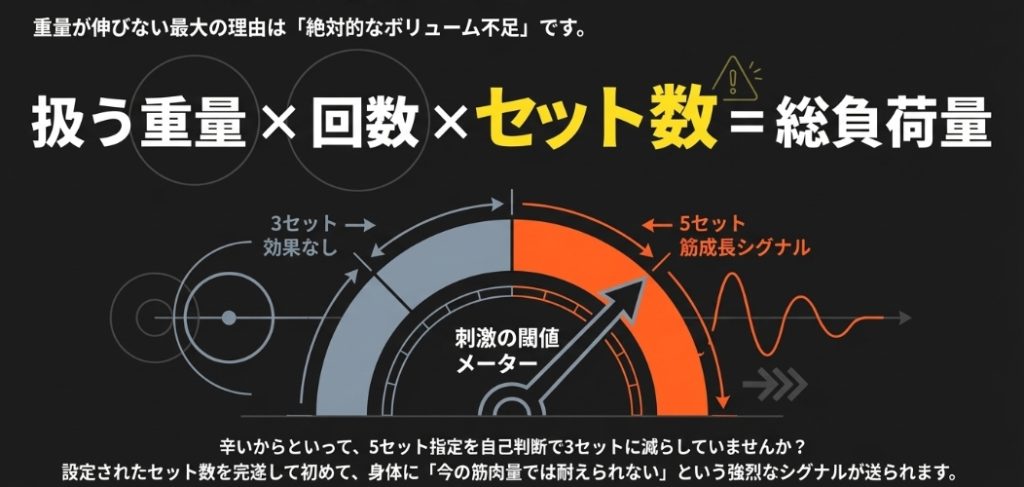 3セットでは効果がなく、5セット完遂して初めて筋成長シグナルに達することを示すメーター図