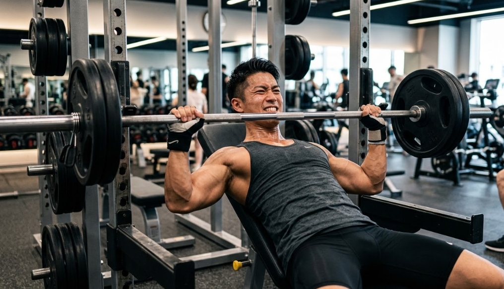 ジムでインクラインベンチプレスを行い、真剣な表情でバーベルを持ち上げる筋肉質の日本人男性