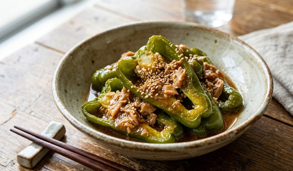 古い木のテーブルの上に置かれた、和風の陶器の鉢に盛られたピーマンとツナの和え物。大きくカットされた緑色のピーマンには、白ごまと味噌だれが絡められ、手前には箸置きに置かれた箸がある。クローズアップ撮影。