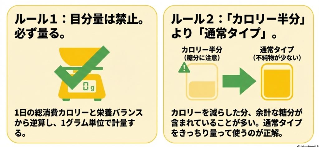 マヨネーズを使う際の成功するためのルールとして、目分量を禁止し1グラム単位で量ること、余計な糖分を避けるためにカロリー半分より通常タイプを選ぶことの図解