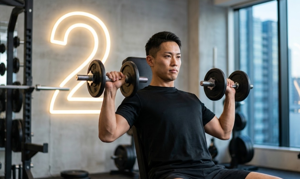 洗練されたジムで、巨大なLEDネオンの「2」のサインを背景に、インクラインダンベルプレスを行う集中した表情の日本人男性。