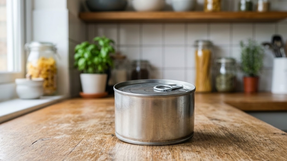 明るいキッチンカウンターの上に置かれた、ラベルのない無地の金属製缶詰(ツナ缶)。缶のトップにはプルタブがあり、文字やロゴはありません。背景はぼかされており、木製の棚に並ぶジャーや観葉植物、白いタイルの壁、左側の窓からの自然光が見えます。