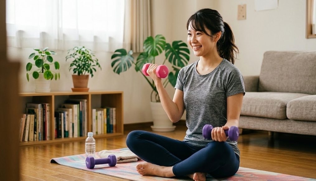 ヨガマットの上に座った日本人女性が、ピンクと紫のカラフルな1kgダンベル（100均風）を持って笑顔でトレーニングしている。明るいリビングルームの背景にはソファ、観葉植物、本棚があり、手前にはペットボトルの水とタオルが置かれている。