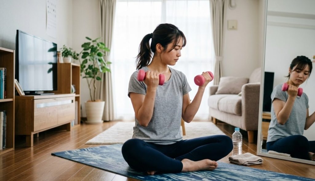 自宅の明るいリビングルームで、ヨガマットの上に座った灰色のTシャツと紺色のレギンスを着たアジア人女性が、両手にピンク色の1.0kgのダンベルを持ち、上腕二頭筋のカールを行っている。彼女の横にある全身鏡には、ダンベルを上げている彼女の姿が映っている。背景にはソファ、植物、テレビ台、ペットボトルの水、タオルがある。